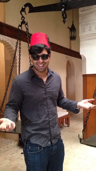 Trying on a Fez in Morocco. 