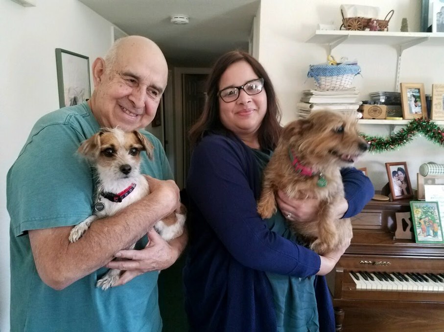 Dan with "Granddoggies", Harriet & Griswold, and Nancy (Daughter)