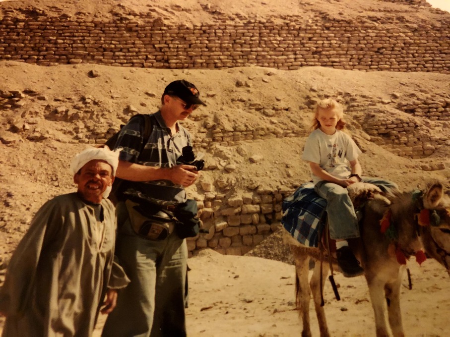 Mike and his daughter at the Pyramids of Giza, Egypt