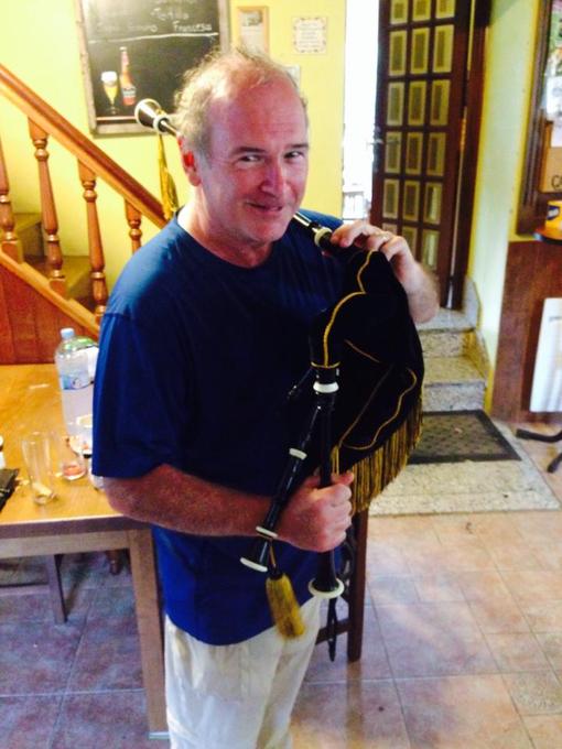"Playing" Galician bagpipes on the Camino