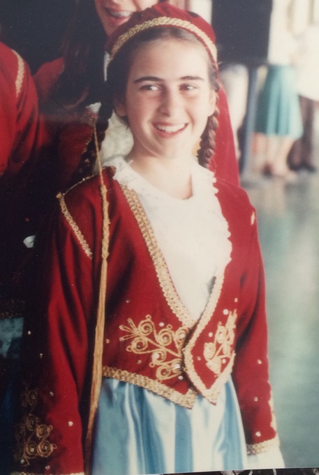 Cami in traditional Greek costume that is from Peter's Father's home town in Kalamata, Greece. (late 1070s) 