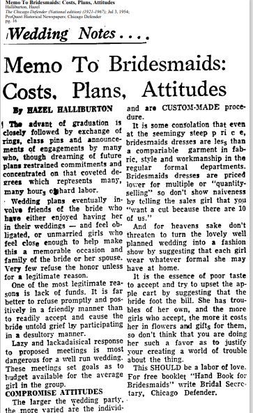 This was Vivian Halliburton's column in the Chicago Defender Newspaper circa 1963