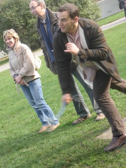 Jon playing fetch with Rusty in park in Prague
